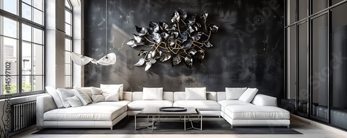 A modern living room with a monochrome theme, featuring a black statement wall, a white minimalist sofa, and a striking metal art piece photo
