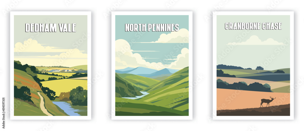 Fototapeta premium Dedham Vale, North Pennines, Cranborne Chase Illustration Art. Travel Poster Wall Art. Minimalist Vector art