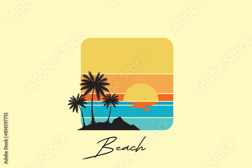 Retro beach logo, Retro Sunset Beach Logo in 80s and 90s style. Abstract sun in the background.