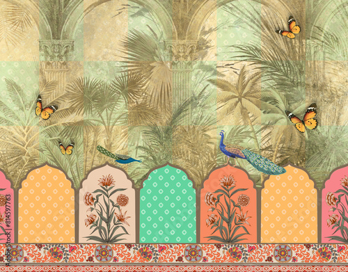 Canvastavla Tropical forest background with Arch pattern , floral design pattern with butter
