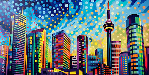 Pointillism of a city skyline at dusk, vibrant dots creating the illusion of lights turning on in the buildings photo