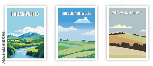 Lagan Valley, Lincolnshire Wolds, West Wiltshire Downs Illustration Art. Travel Poster Wall Art. Minimalist Vector art