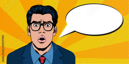 WOW face in Pop art style. Very surprised man with blank speech bubble. Banner design with shocked man with copy space for text. Template backdrop design for ads, sale, discount, special offer. Vector