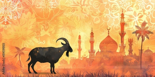 Elegant Eid al Adha celebration with intricate goat illustration, mosque scenery, and ornate arabesque patterns in warm tones. Customizable text space. photo