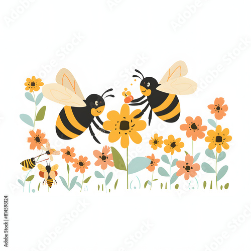 Honeybees collecting nectar from flowers to produce honey isolated on white background  flat design  png 