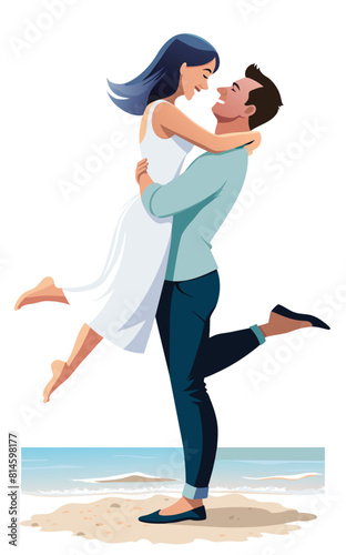 Boy lifts girl at the beach-