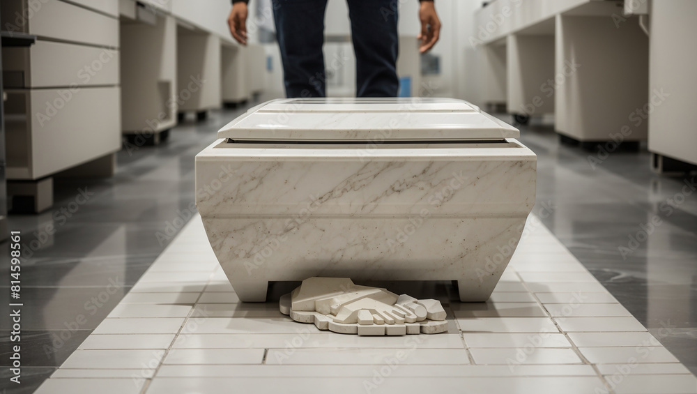 A large, round, white plaster mold with 3 legs sits on a tiled floor.