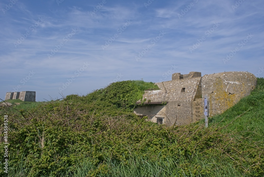 Fecamp, France - May 10, 2024: German bunker complex of two radar installations of the type Mammut and Wurzburg Riese in Fecamp during Second World War. Sunny spring day. Selective focus Fecamp, France - May 10, 2024: German bunker complex of two radar installations of the type Mammut and Wurzburg Riese in Fecamp during Second World War. Sunny spring day. Selective focus