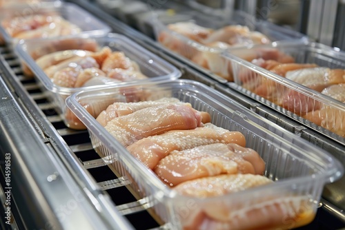 Packed chicken meat on a conveyor belt at meat factory