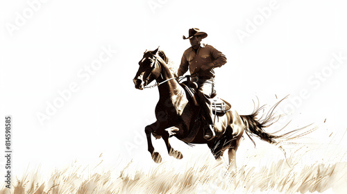 A proud cowboy races after his horse across the boundless prairie isolated on white background, vintage, png
 photo