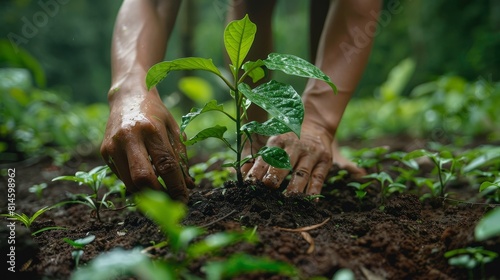 A close-up of a traveler planting a tree in a reforestation project, symbolizing environmental conservation efforts