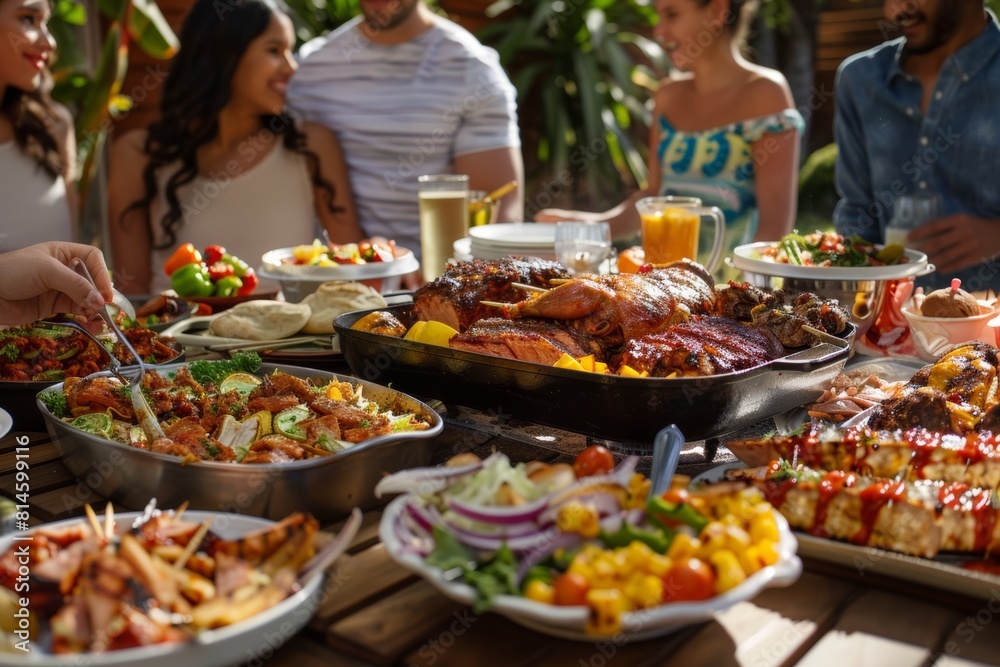 Family and friends gathered around a picnic table laden with BBQ dishes, ready to dig in at a backyard party. Family and friends gathered around a picnic table laden with BBQ dishes, ready to dig in at a backyard party.