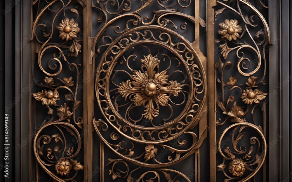 Wrought iron gate detail, emphasizing the craftsmanship and intricate floral patterns
