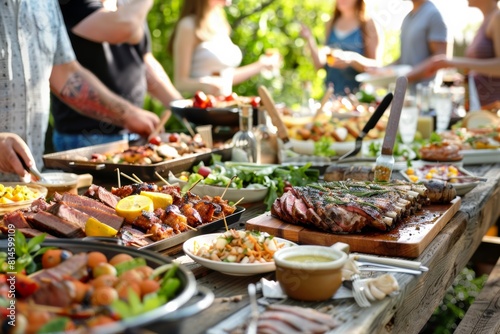 Family and friends gathered around a picnic table laden with BBQ dishes, ready to dig in at a backyard party.