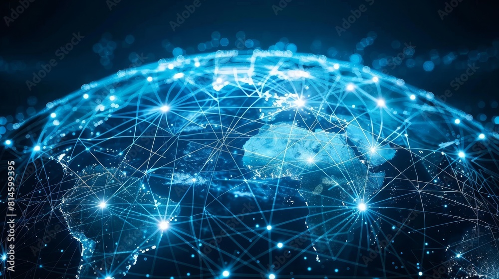 A globe surrounded by interconnected lines representing global communication routes A globe surrounded by interconnected lines representing global communication routes
