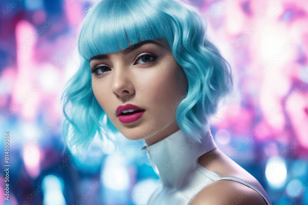 High Fashion model girl in colorful bright neon lights on colourful vivid background High Fashion model girl in colorful bright neon lights on colourful vivid background