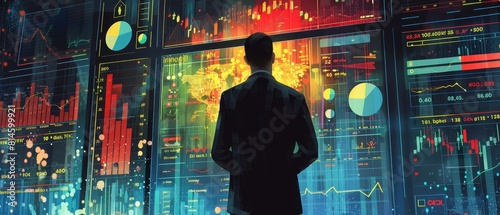 Illustration of a businessman examining a complex financial dashboard, pinpointing market trends and investment prospects photo
