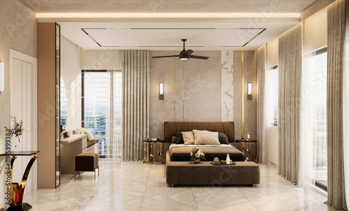 Luxury bedroom interior with marble flooring and minimal furnishings