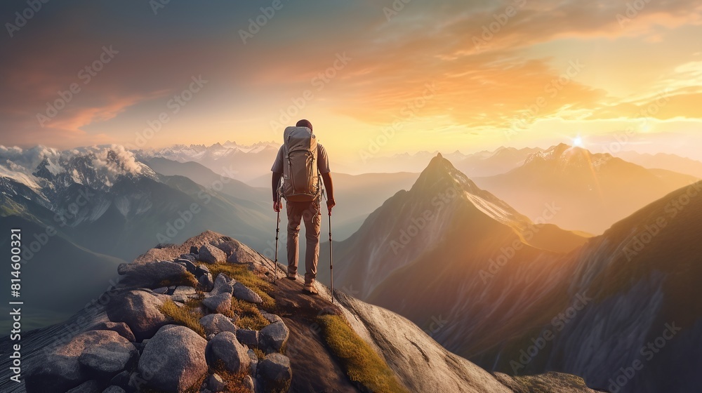 Hiking up mountain peak at sunrise success achieved generate ai