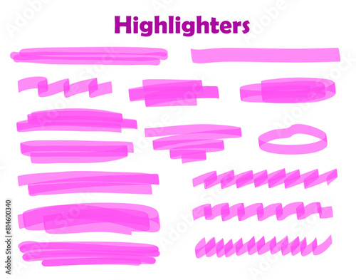 Pink vector highlighter graphic stylish element. Watercolor hand drawn highlight set. Pink highlighter collection, brush lines, isolated in white background. Marker pink set.