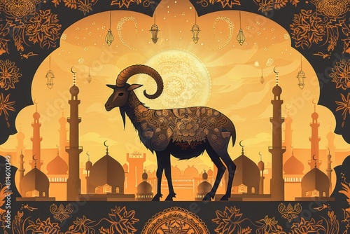 Warm-toned Eid al Adha goat illustration with a serene mosque backdrop and intricate arabesque patterns. Customizable text space available.