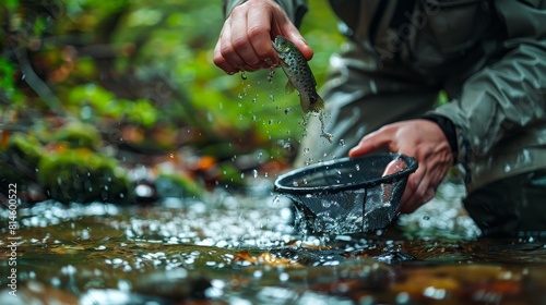 A scientist releasing fish into a river as part of a conservation program to restore fish populations