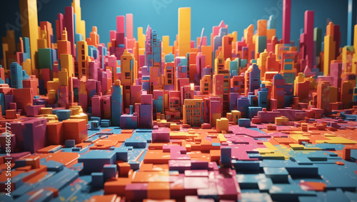 A colorful 3D rendering of a city made of blocks painted in bright colors.