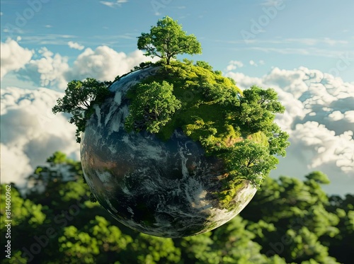 A transparent ball is a planet with trees on it against a background of green forest and sky