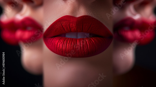 A woman's lips are painted red with glitter. The image is a collage of different angles of the woman's mouth. Scene is playful and fun. different shadows of the red colour aplied on one lips. photo