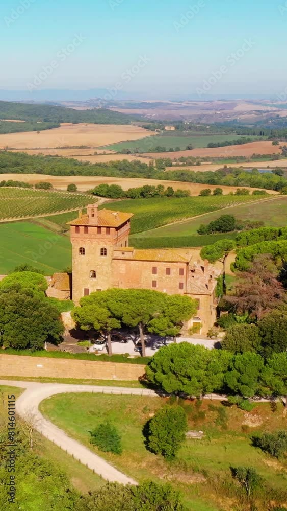 Ancient mansion overlooking green fields in Italy on vertical video. Ancient mansion overlooking green fields in Italy on vertical video.
