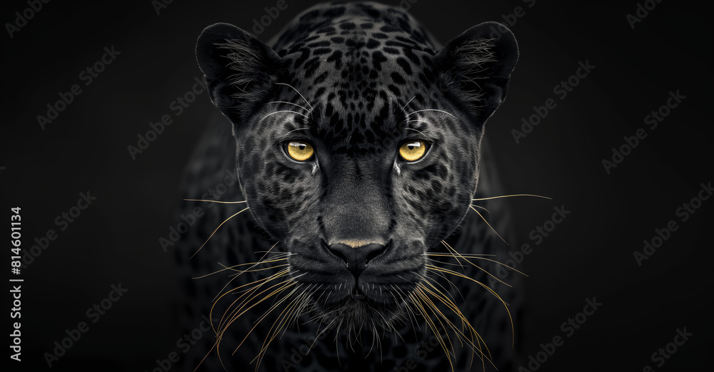 Captivating close-up portrait of a black jaguar. Showcasing its intense yellow eyes and detailed facial features. Against a dark. Contrasting background that highlights its mysterious and elegant aura Captivating close-up portrait of a black jaguar. Showcasing its intense yellow eyes and detailed facial features. Against a dark. Contrasting background that highlights its mysterious and elegant aura