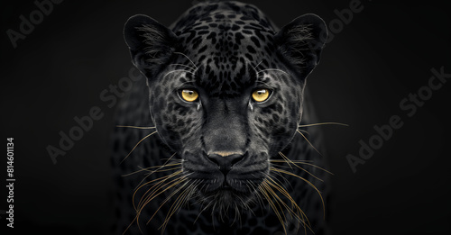 Captivating close-up portrait of a black jaguar. Showcasing its intense yellow eyes and detailed facial features. Against a dark. Contrasting background that highlights its mysterious and elegant aura