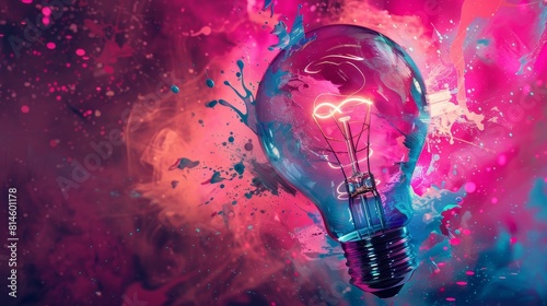 Energetic depiction of a light bulb burst, with splashes of hot pink and electric blue, symbolizing vibrant and youthful creative ideas
