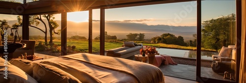 eco-friendly hotel with large panoramic windows, a resort hotel overlooking beautiful picturesque green fields. Ecological tourism