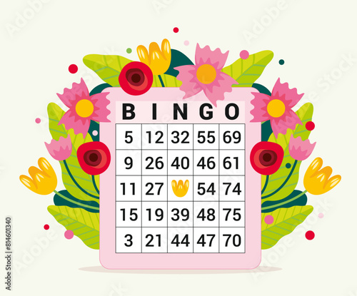 Illustration vectorielle d'un carton de bingo décoré de fleurs colorées, dessin pour organisation de loto tombola, design original pour affiche de centre de loisirs pour personnes âgées,bouquet floral