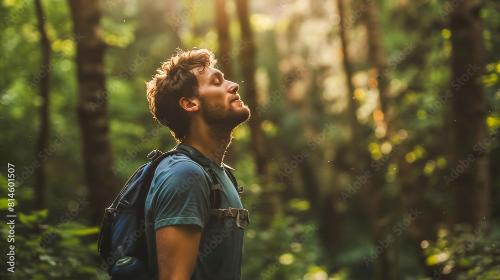 Obraz premium Strong man trekking on mountain , explore nature .