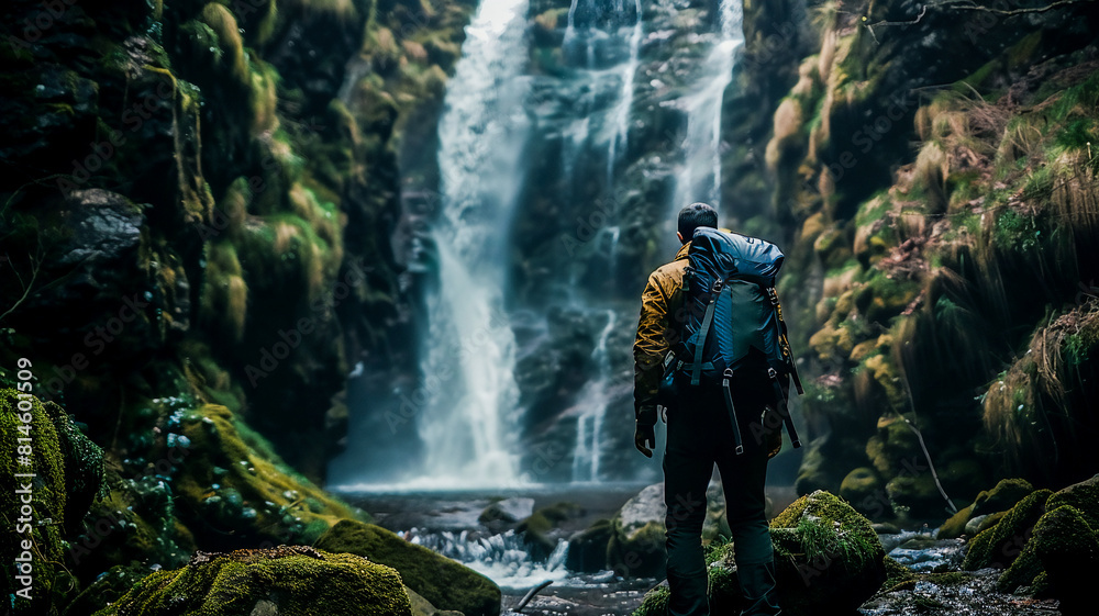 Strong man trekking on mountain , explore nature . Strong man trekking on mountain , explore nature .