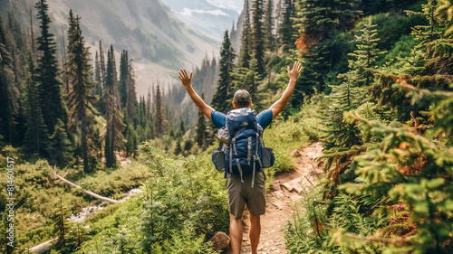 Strong man trekking on mountain , explore nature .