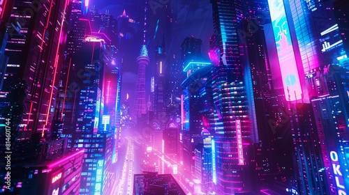 A futuristic cityscape at night with neon signs and flying cars