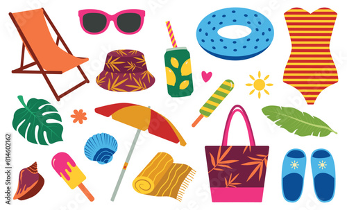 Summer cute elements set. Swimsuit, ice cream, palm leaves, beach umbrella, soda. Isolated vector illustration for posters, cards, background