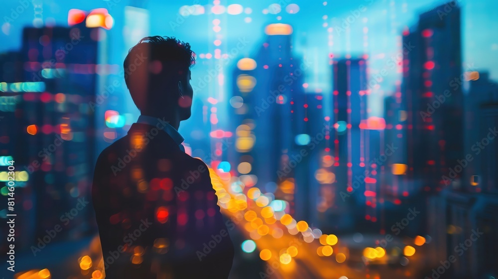 City skyline at dusk, focus on illuminated buildings, copy space, urban night lights, double exposure silhouette with a businessman analyzing growth charts City skyline at dusk, focus on illuminated buildings, copy space, urban night lights, double exposure silhouette with a businessman analyzing growth charts