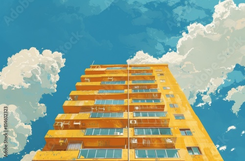 yellow apartment building with a blue sky and clouds