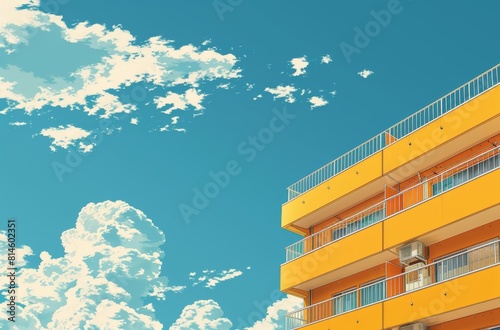 yellow apartment building with a blue sky and clouds