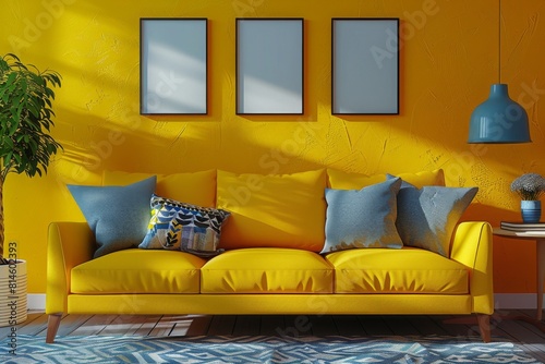 yellow sofa with pillows and tablet with blank white frames in yellow living room