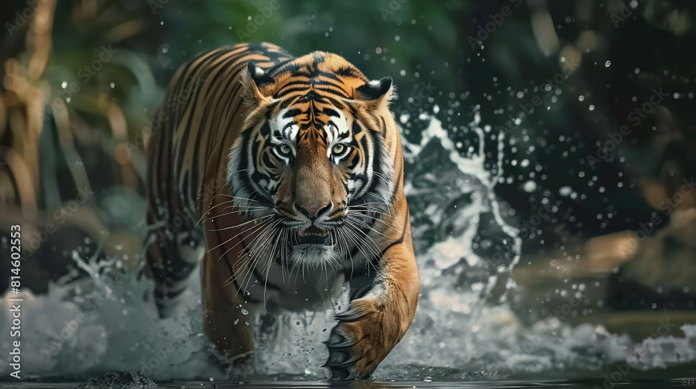 Tiger walking through a river. Generative AI Tiger walking through a river. Generative AI