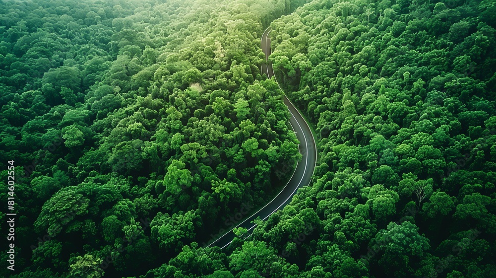 Drone capture of a green forest with a smart road that monitors environmental conditions, enhancing ESG compliance in infrastructure