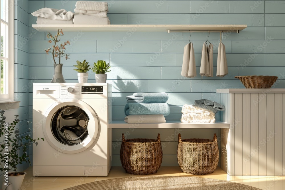 Luxurious Laundry Room Interior With Washing Machine, Dryer, Laundry Basket And Folded Towels In The Cabinet Luxurious Laundry Room Interior With Washing Machine, Dryer, Laundry Basket And Folded Towels In The Cabinet