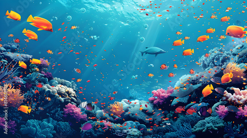 Vibrant Underwater Coral Reef Teeming with Diverse Marine Life © Tanakorn