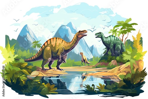 A group of dinosaurs are standing in a lush prehistoric landscape