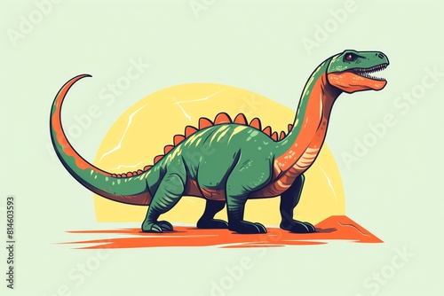 A colorful cartoon dinosaur stands on a rock outcropping. The dinosaur is green and orange with a long neck and a large mouth. It is standing in front of a yellow sun.